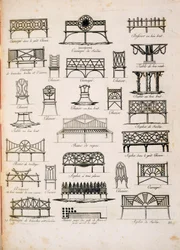 Progetti per sedili da giardino, da A Compendium of Drawings, di J.G. Grohmann, pubblicato 1805