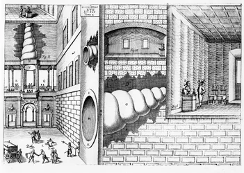 Dispositivo per ascoltare conversazioni in una piazza, illustrazione da Musurgia Universalis di Athanasius Kircher, pubblicato a Roma, 1650