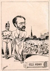 Caso Dreyfus - Emile Zola - Ecce Homo - Un nuovo Cristo dopo 1897 anni - Disegno pubblicato nel giornale italiano "Il Fischietto" nel 1898 (riprodotto in Le Rire)