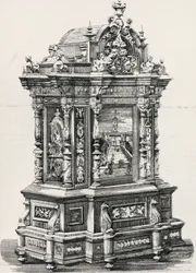 Mobile in ebano con intarsi del falegname Alessandro Monteneri di Perugia (attivo XIX-XX secolo), illustrazione dall