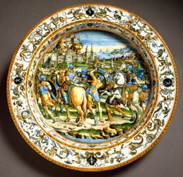 Episodio della vita di Giulio Cesare, piatto in ceramica prodotto a Urbino nella bottega Fontana, Italia. Intorno al 1550. Firenze, Museo Nazionale del Bargello