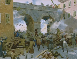 Eventi dal 18 al 22 marzo 1848, i milanesi cacciano gli austriaci, illustrazione da un album sulla storia del Risorgimento realizzato per il cioccolato Talmone, fine XIX secolo