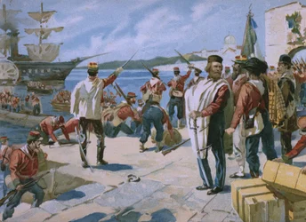 Spedizione dei Mille sotto la guida di Giuseppe Garibaldi, sbarco a Marsala, Sicilia, 1860, illustrazione da un album sulla storia del Risorgimento realizzato per il cioccolato Talmone, fine XIX secolo