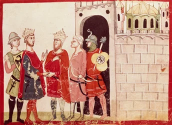 Federico II raggiunge un accordo con il Sultano di Gerusalemme, miniatura dalle Cronache di Giovanni Villani, manoscritto, Italia XIV secolo
