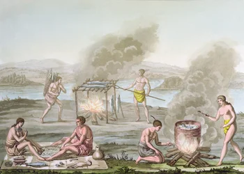 Indiani della Florida che preparano e cucinano cibo, c.1820