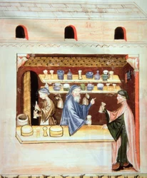 Fol.53v Preparazione e vendita del timo, illustrazione dal Tacuinum Sanitatis Codex Vindobonensis