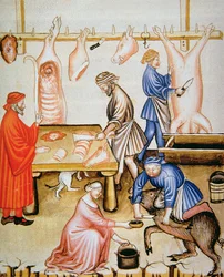 I macellai: carne di maiale, illustrazione dal Tacuinum Sanitatis Codex Vindobonensis