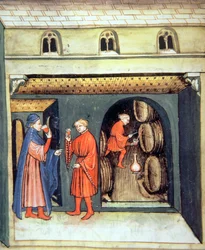Fol.86v Vino di frutta invecchiato, illustrazione dal Tacuinum Sanitatis Codex Vindobonensis