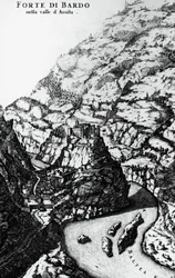 Forte di Bard, incisione dal Theatrum Sabaudiae