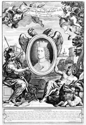 Frontespizio di Veteres arcus Augustorum triumphis insignes con un ritratto del cardinale Pietro Ottoboni, inciso da Robert van Audenaerde, 1690