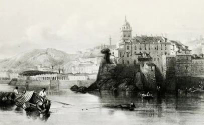 Muro del porto di Genova con Villa Doria Pamphili sullo sfondo, incisione, ca 1850, Italia