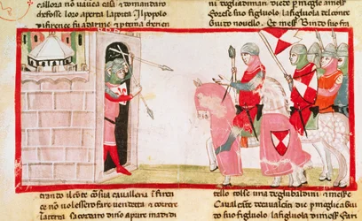 I guelfi bloccano i ghibellini dal rientrare in città, miniatura dalla Cronica di Giovanni Villani, manoscritto, Italia XIV secolo