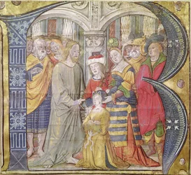Iniziale istoriata B che raffigura Cristo che guarisce una donna posseduta