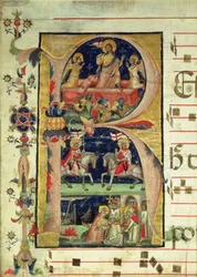 Iniziale istoriata R che raffigura la resurrezione, due santi cavalieri e un santo vescovo che riceve reliquie