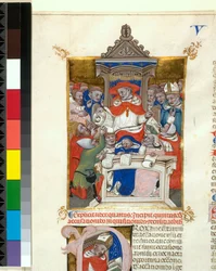 Manoscritto illuminato. Novella in Decretales. Inizio del Libro V, De accusationibus, inquisitionibus et denuntiationibus, c.1355-1365