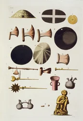 Strumenti e Artefatti Inca, Perù, da Le Costume Ancien et Moderne, Volume II, tavola 22, di Jules Ferrario, pubblicato c.1820-30