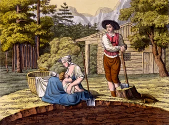 Abitanti delle Alpi austriache che costruiscono una fattoria, da Costumi dei Romani, Svizzeri.. c.1800-18