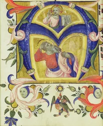 Iniziale A raffigurante Gesù Cristo e un santo, inizio XIV secolo