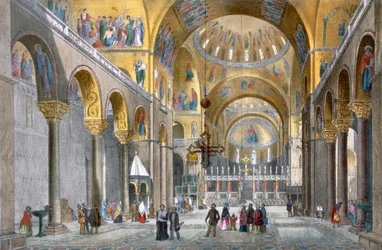 Interno della Basilica di San Marco, guardando verso la cupola, da Vedute di Venezia di Cecchini, Pividor e Viola, c.1850 (litografia colorata a mano)