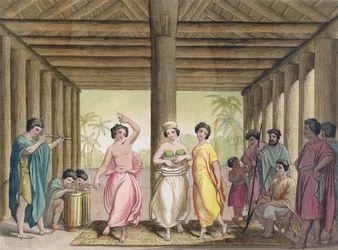 Interno di una casa tahitiana con ragazze danzanti, illustrazione da una collezione di libri di viaggio dei primi del XIX secolo