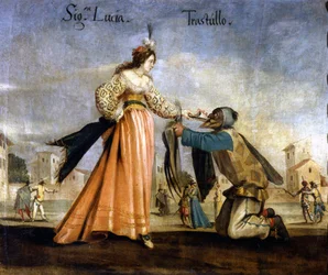 Maschere italiane. Dipinto della Scuola di Bologna del XVII secolo: Madame Lucia e Trastullo. Museo Scala Milano