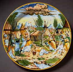 Ebrei nel deserto (o la raccolta della manna). Dio nutre gli Israeliti, che altrimenti morirebbero di fame, con uova di quaglia e manna (Manna). Piatto in ceramica della bottega Fontana di Urbino, Italia. 1560 circa. Museo Nazionale del Bargello, Firenze