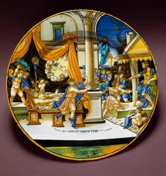 Giuseppe e la moglie di Putifarre. Giuseppe fugge dalla moglie di Putifarre, che cerca di sedurlo. Piatto in ceramica prodotto a Urbino, Italia. 1537 circa. Museo Nazionale del Bargello, Firenze