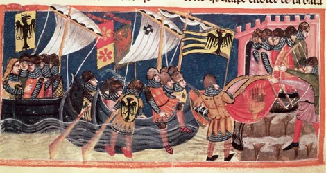 Giulio Cesare (100-44 a.C.) sbarca in Inghilterra, da Le Vite di Dodici Cesari di Gaio Svetonio Tranquillo (c.75-150)