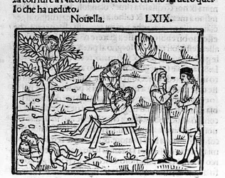 Lidia, una moglie adultera, viene sorpresa dal marito tra le braccia di Pirro. Illustrazione per la novella 69 (Novella 9 del settimo giorno) del "Decameron" di Giovanni Boccaccio. Incisione in "Decamerone ouer Cento novelle"
