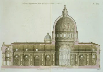 Sezione longitudinale della Basilica di San Pietro a Roma, tavola 26 dalla Parte III de La storia delle nazioni, incisa da G. Lago