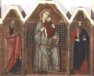 Madonna col Bambino in Trono, con San Giovanni Evangelista e San Paolo, Scuola Riminese (pannello trittico)