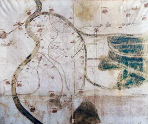 Mappa del territorio del monastero di San Benedetto Po alla confluenza del Secchia e del Mincio nel Po, a destra aree in fase di bonifica e canali di drenaggio, Italia