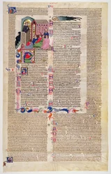 Marlay Cutting IT.11: Foglio con miniatura dal Decretum di Graziano che mostra un monaco che predica a una congregazione di uomini e donne