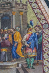 Matrimonio della Vergine, mosaico, cuspide superiore nella facciata del Duomo di Orvieto, Umbria, Italia