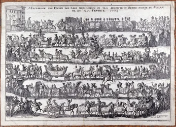Mascherata: processione e danza di persone mascherate in occasione del carnevale. Milano 20/02/1764. Incisione del XVIII secolo
