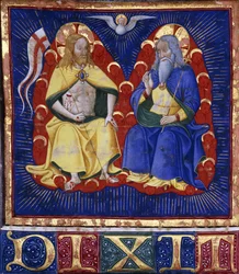 Maestro delle Vitae Imperatorum: La Trinità, miniatura da un libro corale illuminato su pergamena, c.1440