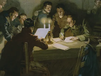 Incontro dei primi partigiani che resistono agli occupanti, nascita dei Carbonari, illustrazione da un album sulla storia del Risorgimento realizzato per il cioccolato Talmone, fine XIX secolo (cromolitografia)