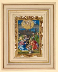 Miniatura della Natività con la Sacra Famiglia e i pastori in una stalla, con tre putti che portano un rotolo iscritto sopra e l