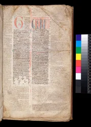 Ms 213. Gregorio IX, Decretales con Apparatus di Bernardo Botone di Parma, F.1r. Iniziale [G] in rosso con decorazione riservata e a penna blu