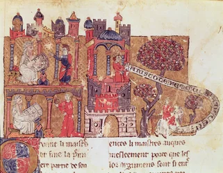 Ms 269 Fol.108 Aristotele (384-322 a.C.) istruisce Alessandro Magno (356-323 a.C.) in morale e nel disprezzo delle donne, da Le Livre du Tresor di Brunetto Latini (1220-94)