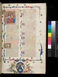 Ms 390. Seneca il Giovane, Opera, e Seneca il Vecchio, Excerpta controversiarum, f.1r. Pagina iniziale con iniziale istoriata [L] contenente Girolamo, San Paolo e Seneca, Veneto