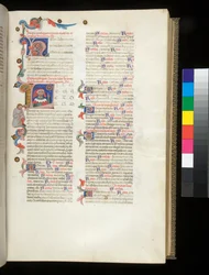 Ms 390. Seneca il Giovane, Opera, e Seneca il Vecchio, Excerpta controversiarum, f.95r. Iniziale abitata [L], con ritratto di Seneca che indica la Ruota della Fortuna e una figura maschile abbattuta nel bordo