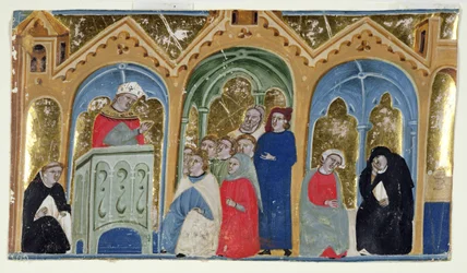 Ms. 400-2000: Miniatura dal Decretum di Graziano che mostra un vescovo che predica a una congregazione, c.1325-30