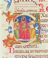 Iniziale istoriata O raffigurante Re Davide e due angeli, dal Salterio di Santa Maria Novella, miniato da Paolo Soldini (fl.1342-86) 1379