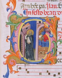 Ms 559 f.298v Iniziale Istoriata G che Raffigura San Domenico che Sostiene la Chiesa e il Sogno di Papa Onorio III (1216-27) da Salterio H da San Marco e Cenacoli