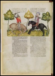 Ms Fr 343 fol.26v Il cavallo di Sir Percival viene ucciso, dalla Queste del Saint Graal, c.1380-85