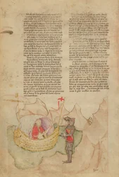 Ms Fr 343 fol.32v La nave bianca arriva a salvare Percival, dalla Queste del Saint Graal, c.1380-85