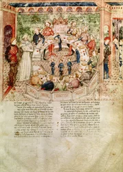 Ms Fr 343 fol.3 Sir Galahad è accolto alla Tavola Rotonda, dalla Queste del Saint Graal, c.1380-85