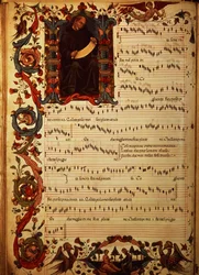 Pagina di notazione musicale con iniziale istoriata, dal Codice Squarcialupi, prodotto nel monastero fiorentino di S. Maria degli Angeli