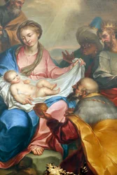 Scena della Natività. Adorazione dei Magi. Affresco. Basilica di Santa Maria delle Vigne. Genova. Italia.
